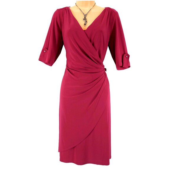 Dressbarn Pink Fuchsia Tab Sleeve Faux-Wrap Dress Size 16 Office Career Stretch - Picture 2 of 10
